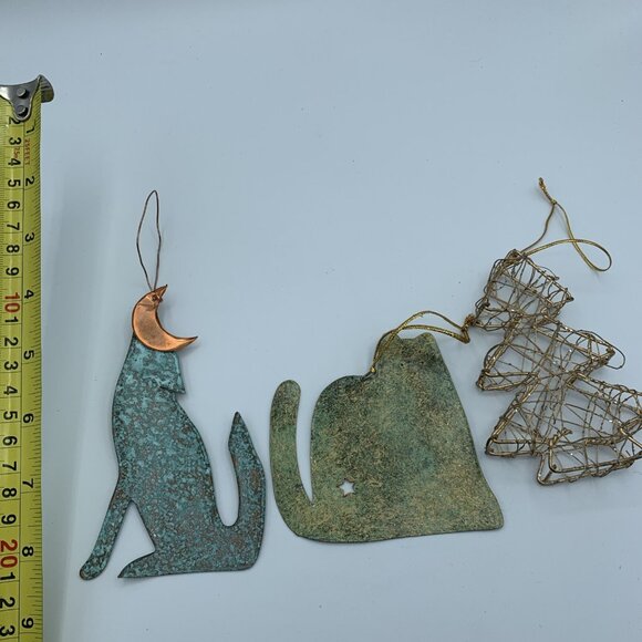 Set of 3 Rustic Metal Ornaments - Green Cat, Copper Moon Wolf, Gold Wire Tree - Picture 9 of 9